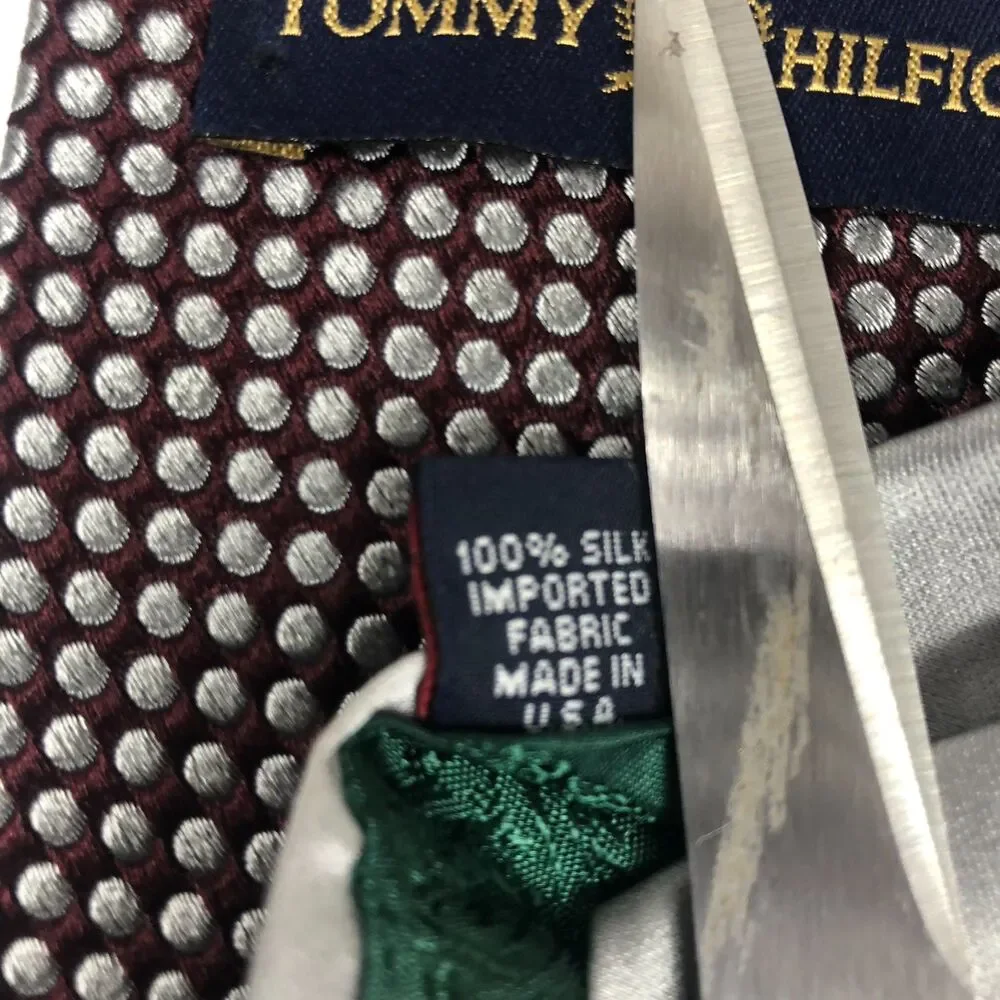 Tommy Hilfiger Silk Tie Maroon Burgundy Polka Dot Silver Dots Made in USA